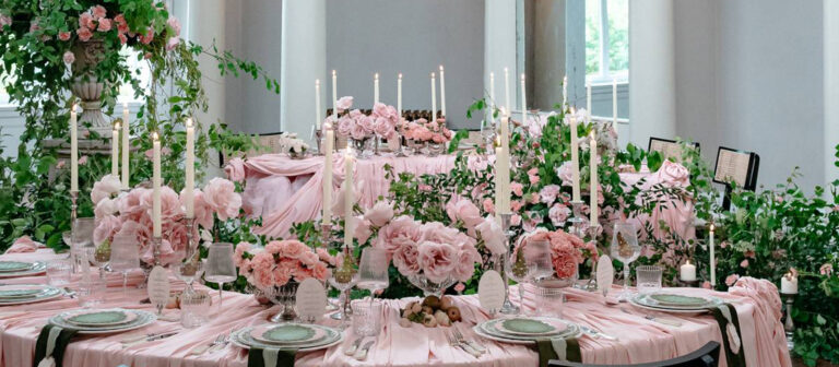 Wedding reception tables with pink flowers, draped blush linens, taper candles and personalised stationery